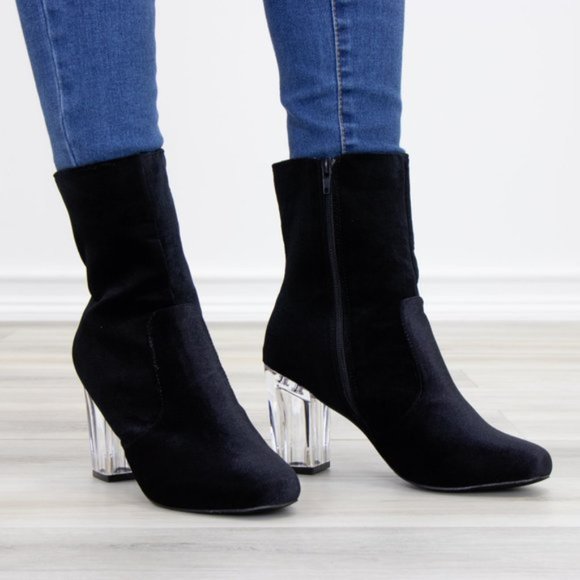 Black Velvet Above Ankle Clear Heel Bootie - Picture 9 of 11